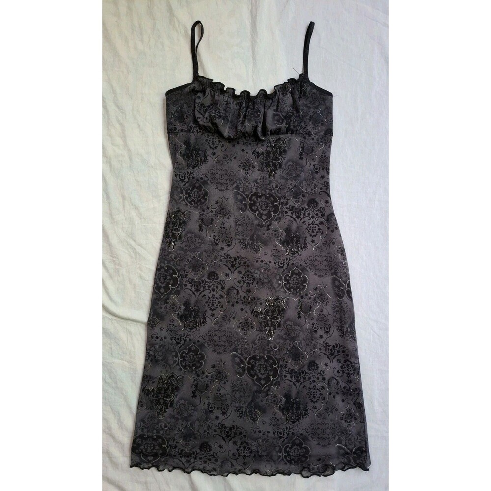 VTG 90s Y2K Hana Dress Black Gray Silver Floral Baby Doll Ruffle Goth Size M